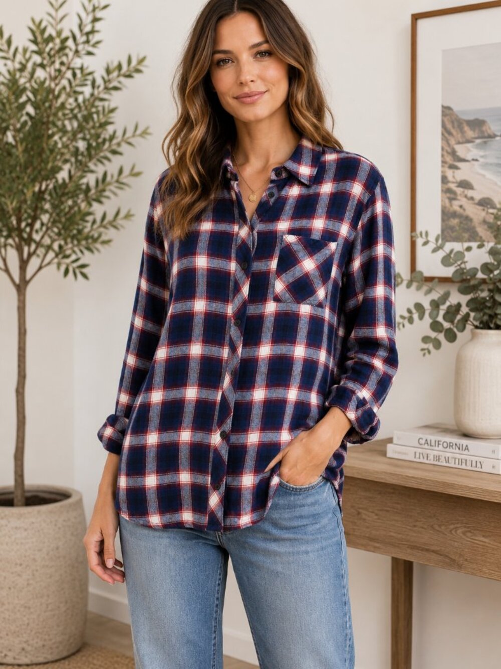 Rails Hunter Plaid Flannel Button Up Shirt Blue Red White SZM Classic Western